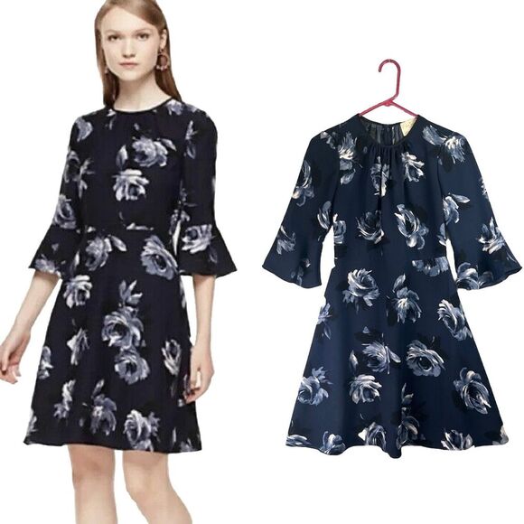 Kate Spade Long Bell Sleeve Stretchy Floral Mini Career Office Dress Size 0 Shor - Picture 1 of 16